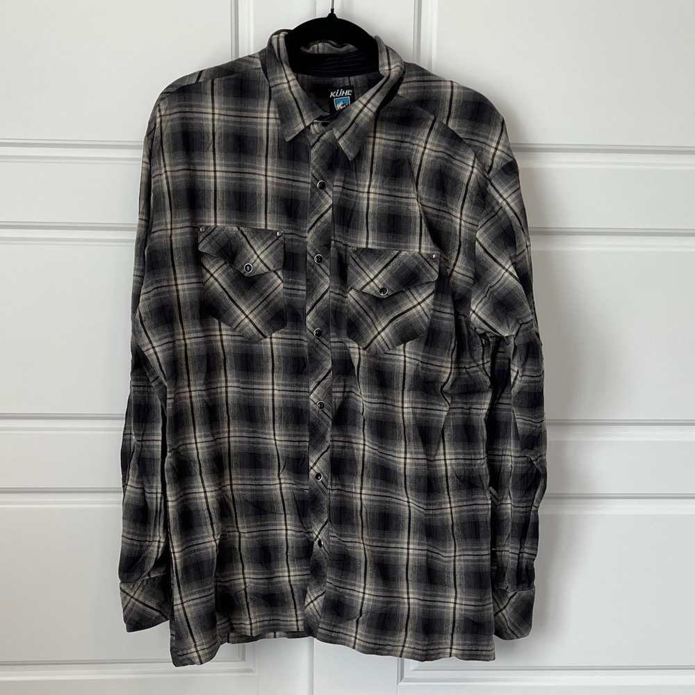 Kuhl Men's Black/Gray Plaid Button Down Shirt Size XL